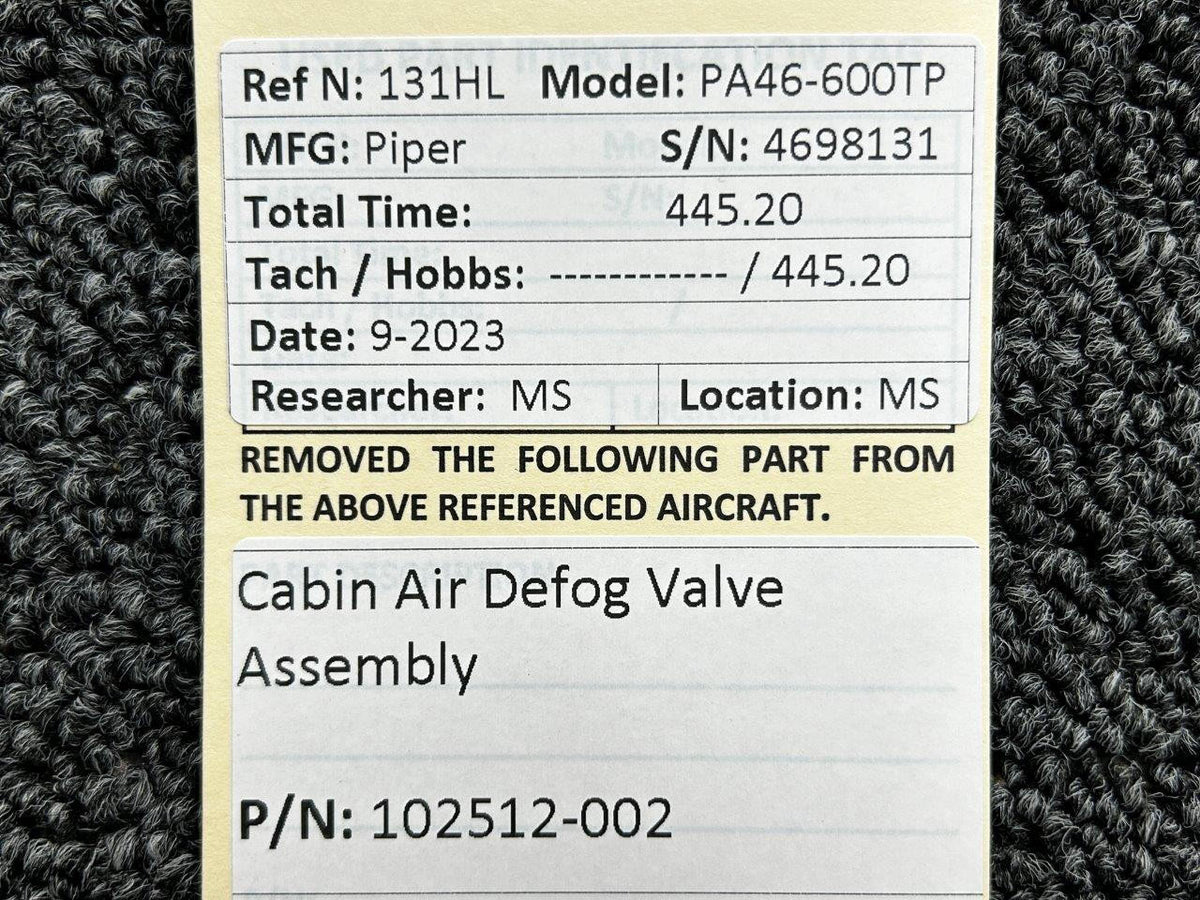 Piper Aircraft Parts 102512-002 Piper PA46-600TP Cabin Air Defog Valve Assembly