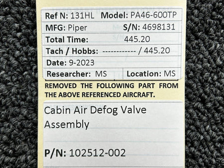 Piper Aircraft Parts 102512-002 Piper PA46-600TP Cabin Air Defog Valve Assembly