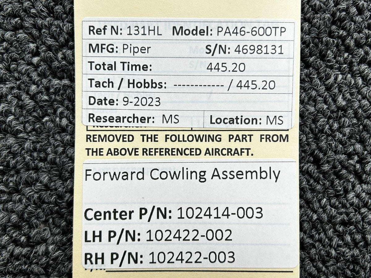Piper Aircraft Parts 102414-003, 102422-002 Piper PA46-600TP Forward Cowling Assembly
