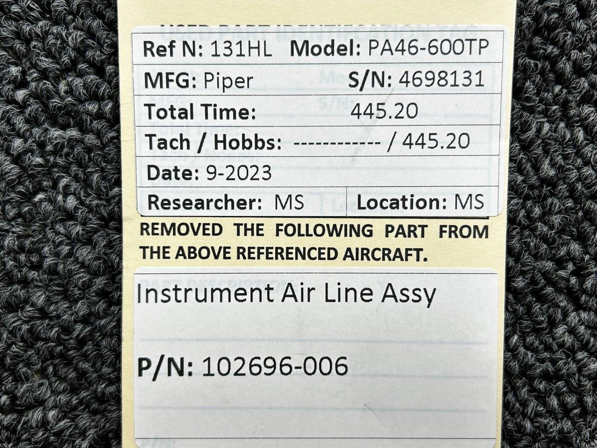 Piper Aircraft Parts 102696-006 Piper PA46-600TP Instrument Air Line Assembly