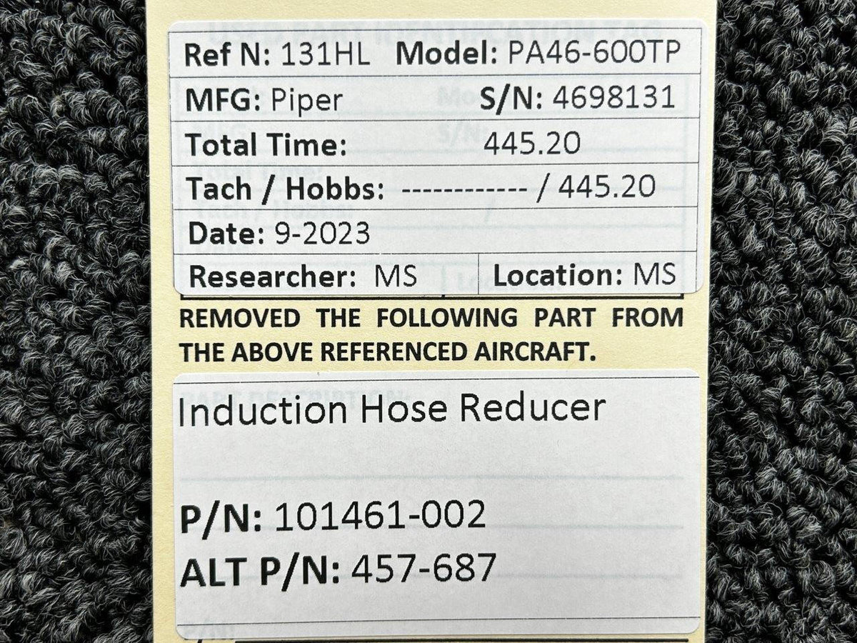 Piper Aircraft Parts 101461-002 (Alt: 457-687) Piper PA46-600TP Induction Hose Reducer