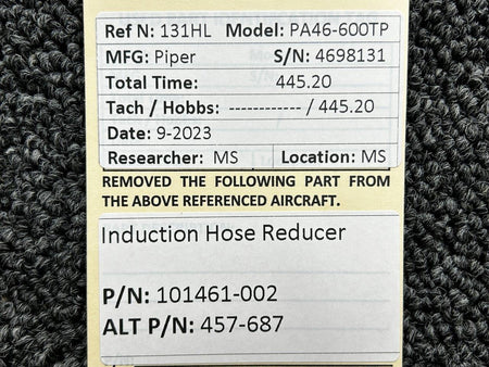 Piper Aircraft Parts 101461-002 (Alt: 457-687) Piper PA46-600TP Induction Hose Reducer