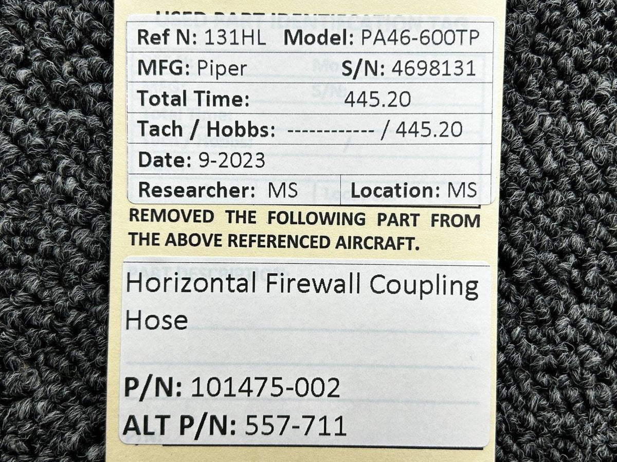 Piper Aircraft Parts 101475-002 (Alt: 557-711) Piper PA46-600TP Horizontal Firewall Coupling Hose