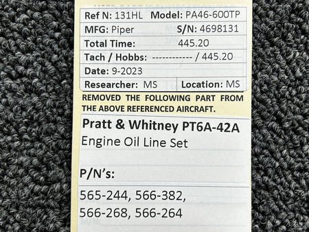 Pratt and Whitney 565-244, 566-382, 566-268 Pratt & Whitney PT6A-42A Engine Oil Line Set