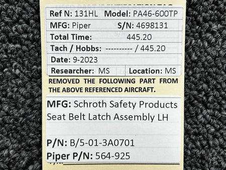 Schroth B/5-01-3A0701 (Alt: 564-925) Schroth Safety Products Seatbelt Latch Assembly LH