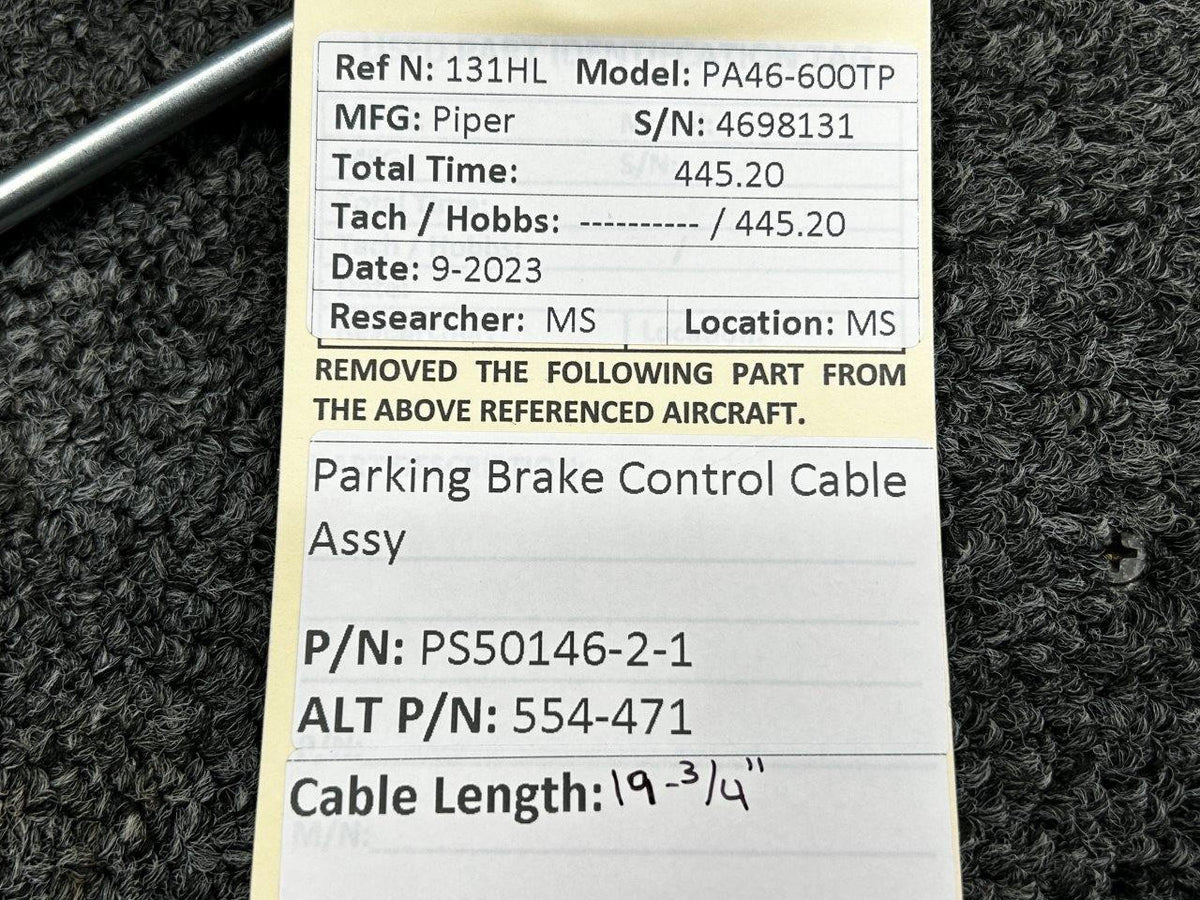 Piper Aircraft Parts PS50146-2-1 (Alt: 554-471) Piper PA46-600TP Parking Brake Control Cable Assembly