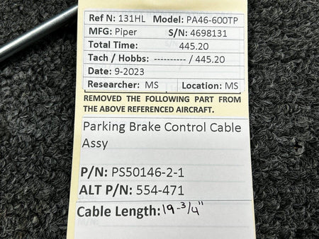 Piper Aircraft Parts PS50146-2-1 (Alt: 554-471) Piper PA46-600TP Parking Brake Control Cable Assembly