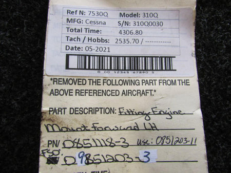 Cessna Aircraft Parts 0851118-3 (FSO: 09851203-3) Cessna 310Q Engine Mount Fitting Forward LH