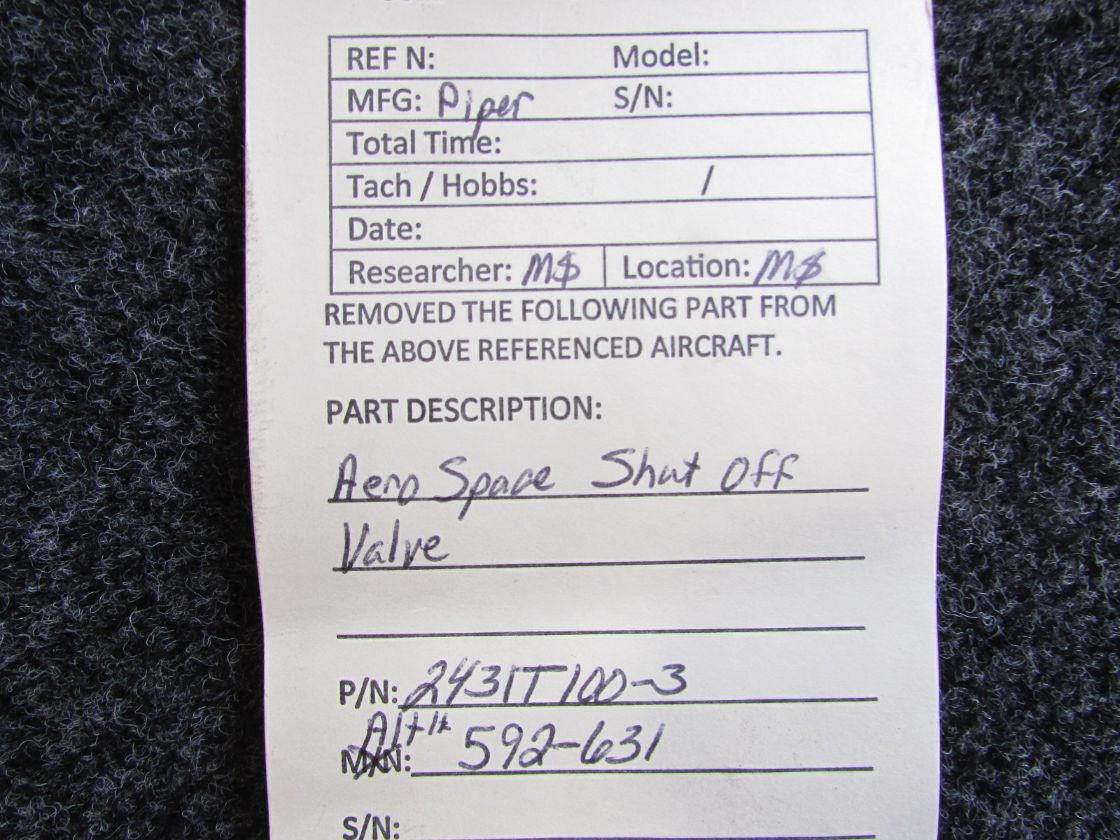 Piper Aircraft Parts 2431T100-3 (Alt: 592-631) Piper Aero Space Shut Off Valve with Bracket