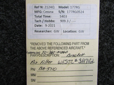 Brackett BA-5710 Lycoming IO-360-A1B6D Brackett Air Filter Assembly with STC (SA71GL)