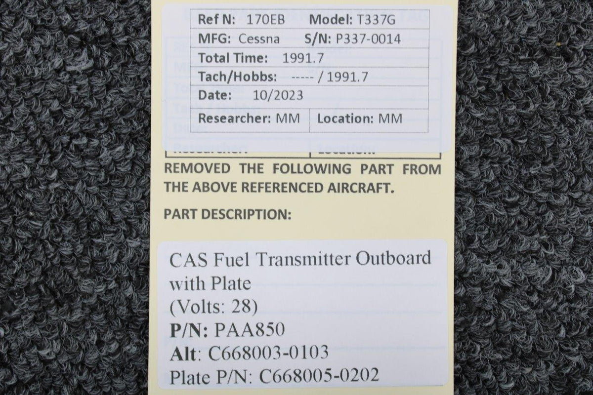 Consolidated Airborne Systems PAA850 (Alt: C668003-0103) CAS Fuel Transmitter Outboard with Plate (Volts: 28)