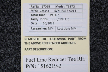Cessna Aircraft Parts 1516219-2 Cessna T337G Fuel Line Reducer Tee RH