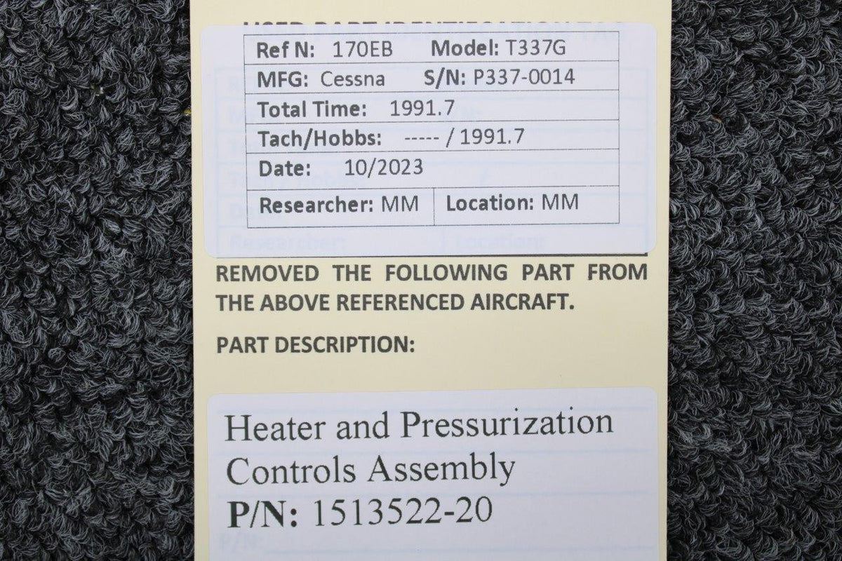 Cessna Aircraft Parts 1513522-20 Cessna T337G Heater and Pressurization Controls Assembly