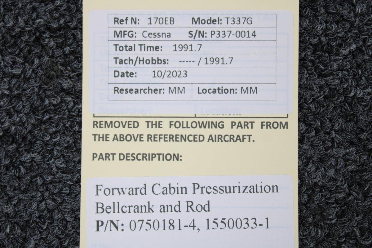 Cessna Aircraft Parts 0750181-4, 1550033-1 Cessna T337G Forward Cabin Pressurization Bellcrank and Rod