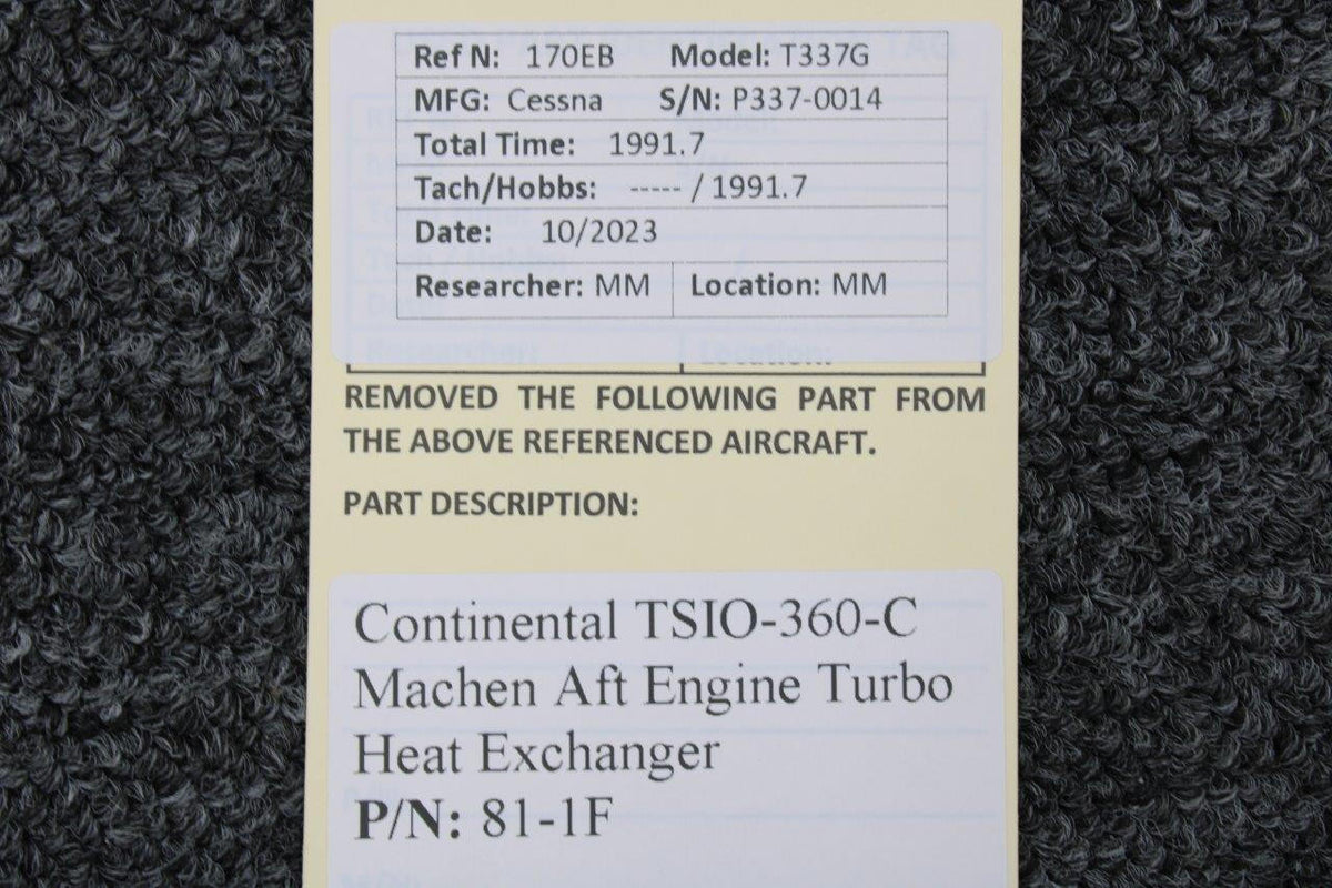 machen inc. 81-1F Continental TSIO-360-C Machen Aft Engine Turbo Heat Exchanger
