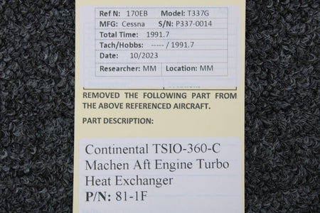 machen inc. 81-1F Continental TSIO-360-C Machen Aft Engine Turbo Heat Exchanger