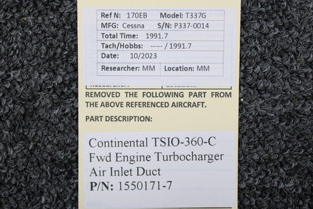 Continental Motors  1550171-7 Continental TSIO-360-C Forward Engine Turbocharger Air Inlet Duct