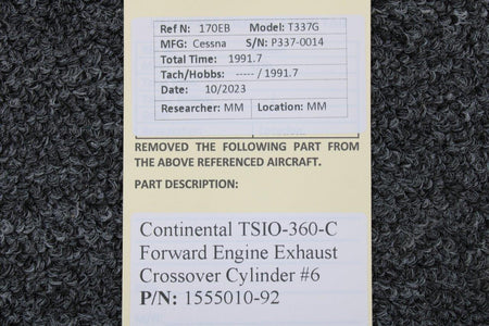 Continental Motors  1555010-92 Continental TSIO-360-C Forward Engine Exhaust Crossover Cylinder #6