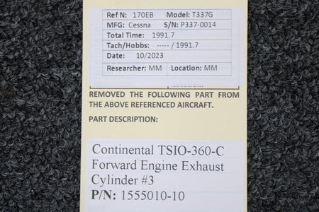 Continental Motors  1555010-10 Continental TSIO-360-C Forward Engine Exhaust Cylinder #3