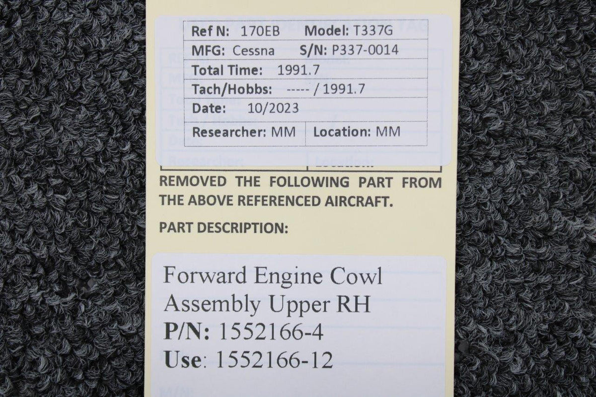 Cessna Aircraft Parts 1552166-4 (Use: 1552166-12) Cessna T337G Forward Engine Cowl Assembly Upper RH