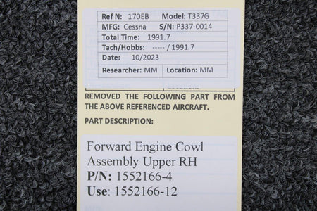 Cessna Aircraft Parts 1552166-4 (Use: 1552166-12) Cessna T337G Forward Engine Cowl Assembly Upper RH