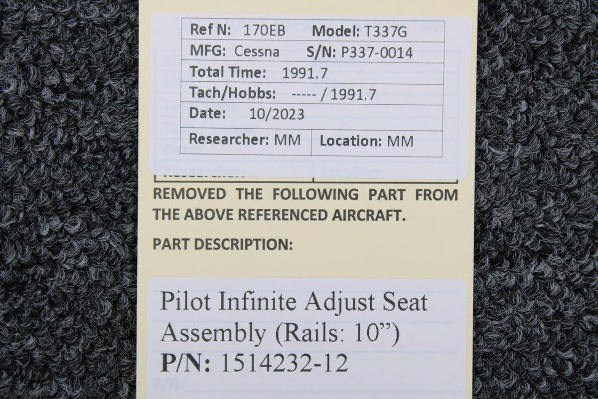 Cessna Aircraft Parts 1514232-12 Cessna T337G Pilot Infinite Adjust Seat Assembly (Rails: 10”)