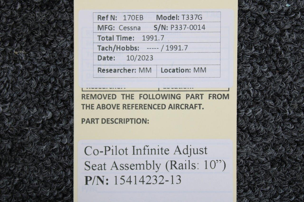 Cessna Aircraft Parts 15414232-13 Cessna T337G Co-Pilot Infinite Adjust Seat Assembly (Rails: 10”)