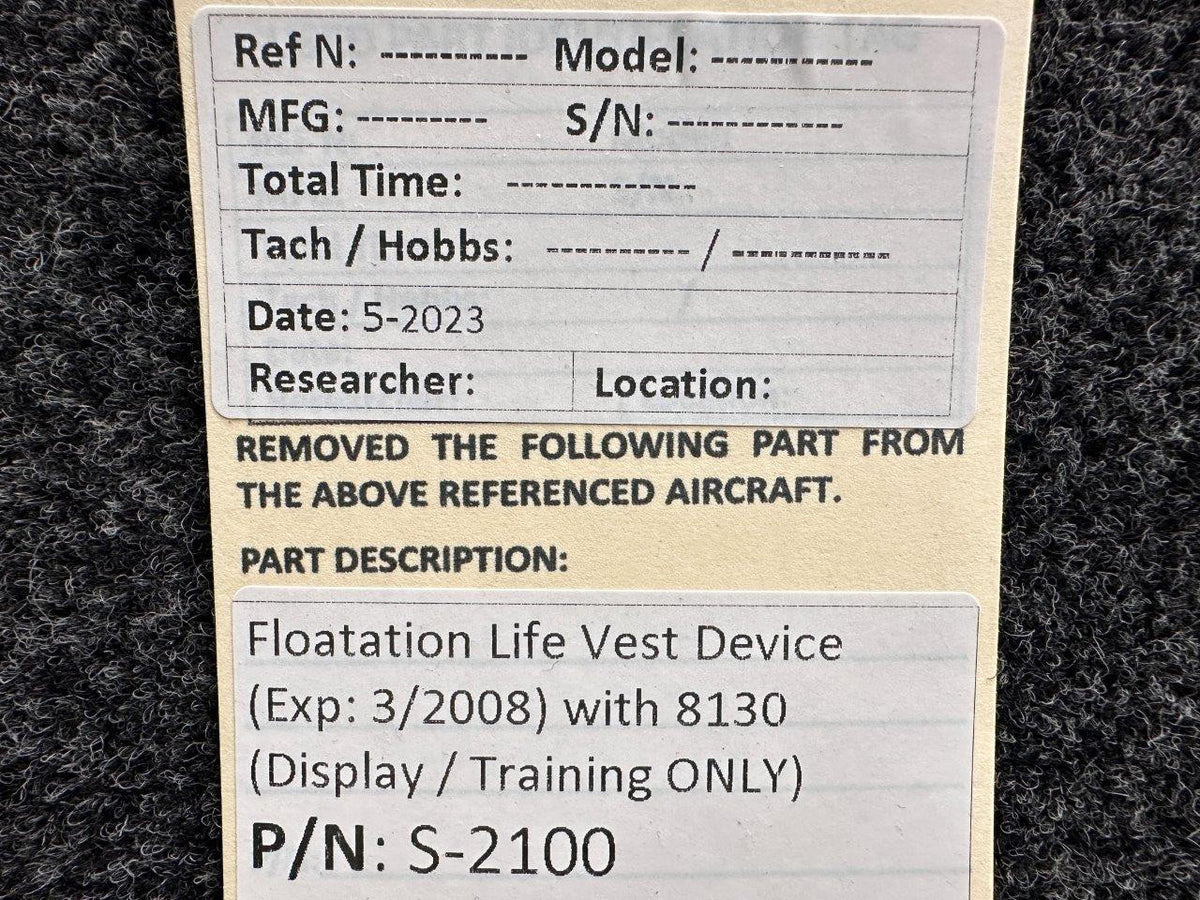 Cessna Aircraft Parts S-2100 Floatation Life Vest Device with 8130 (Display, Training Only)