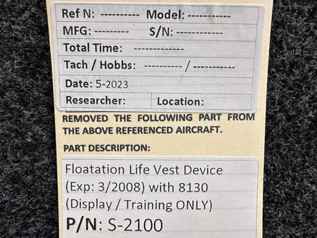 Cessna Aircraft Parts S-2100 Floatation Life Vest Device with 8130 (Display, Training Only)