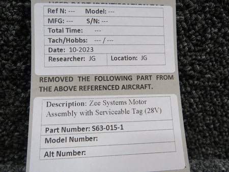 Zee Systems S63-015-1 Zee Systems Motor Assembly with Serviceable Tag (Volts: 28)