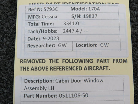 Cessna Aircraft Parts 0511106-50 Cessna 170A Cabin Door Window Assembly LH