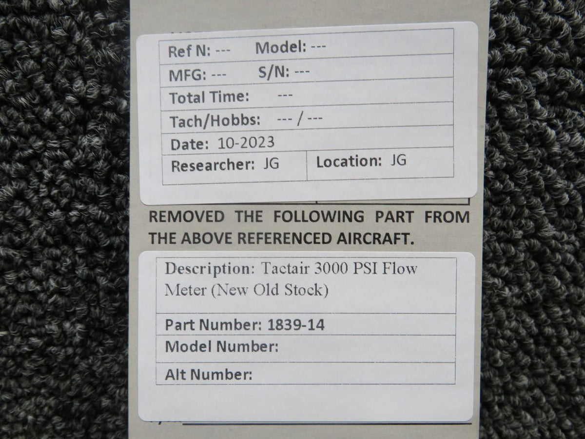 Tactair 1839-14 Tactair 3000 PSI Flow Meter (New Old Stock)