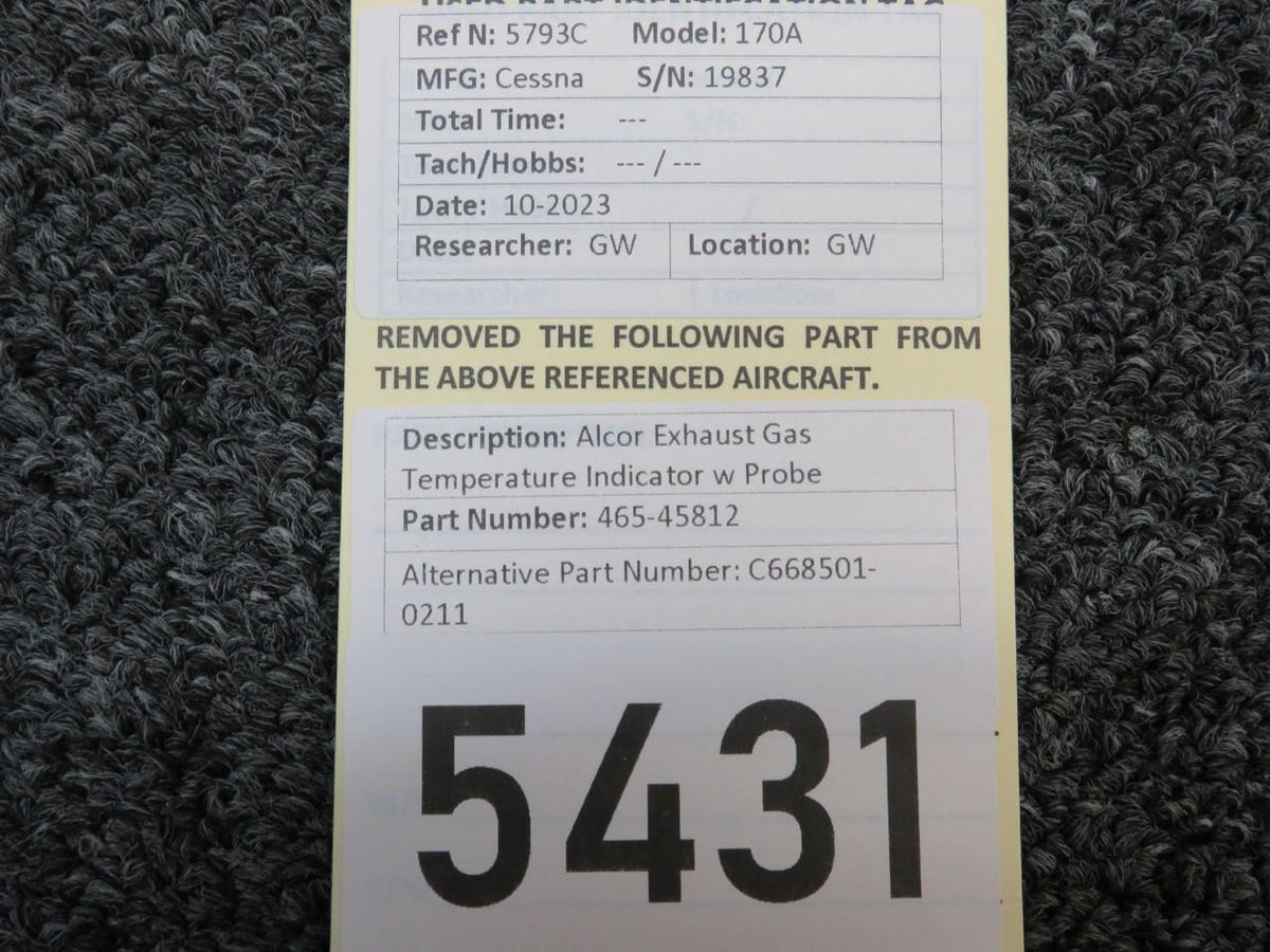 Alcor 465-45812 (Alt: C668501-0211) Alcor Exhaust Gas Temperature Indicator with Probe