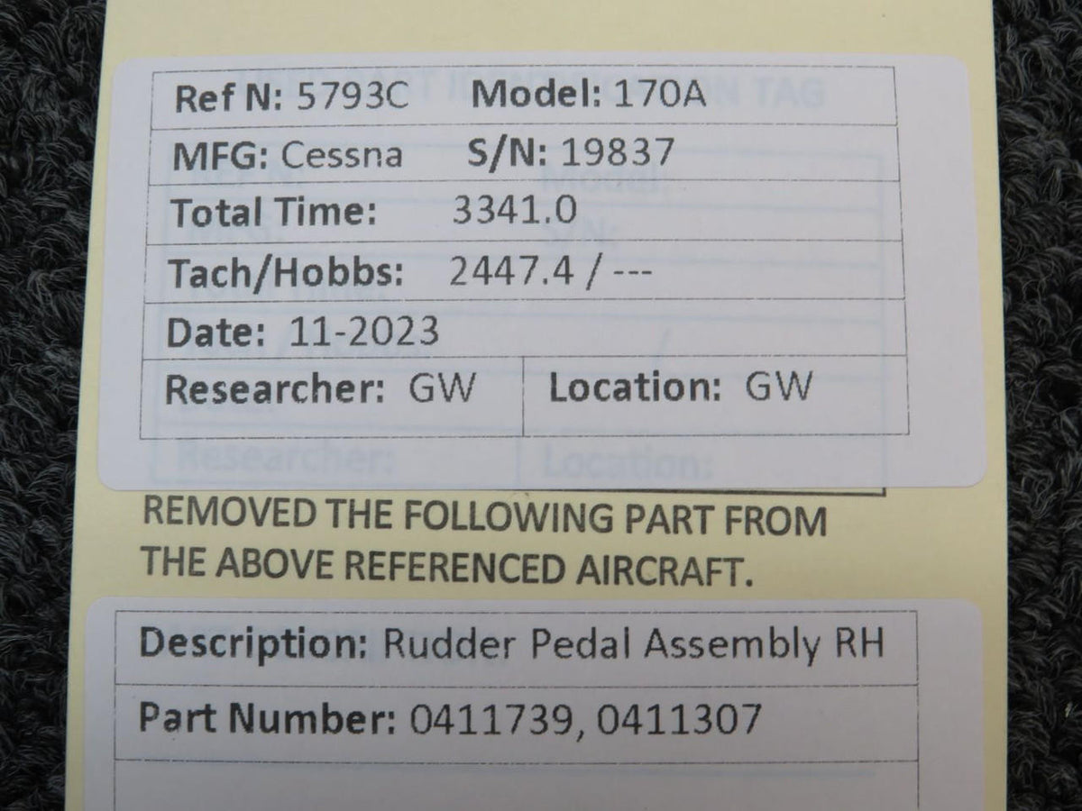 Cessna Aircraft Parts 0411739, 0411307 Cessna 170A Rudder Pedal Assembly RH