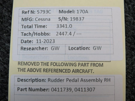 Cessna Aircraft Parts 0411739, 0411307 Cessna 170A Rudder Pedal Assembly RH