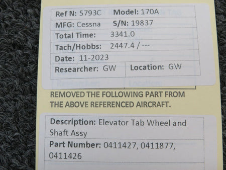 Cessna Aircraft Parts 0411427, 0411877, 0411426 Cessna 170A Elevator Tab Wheel and Shaft Assembly