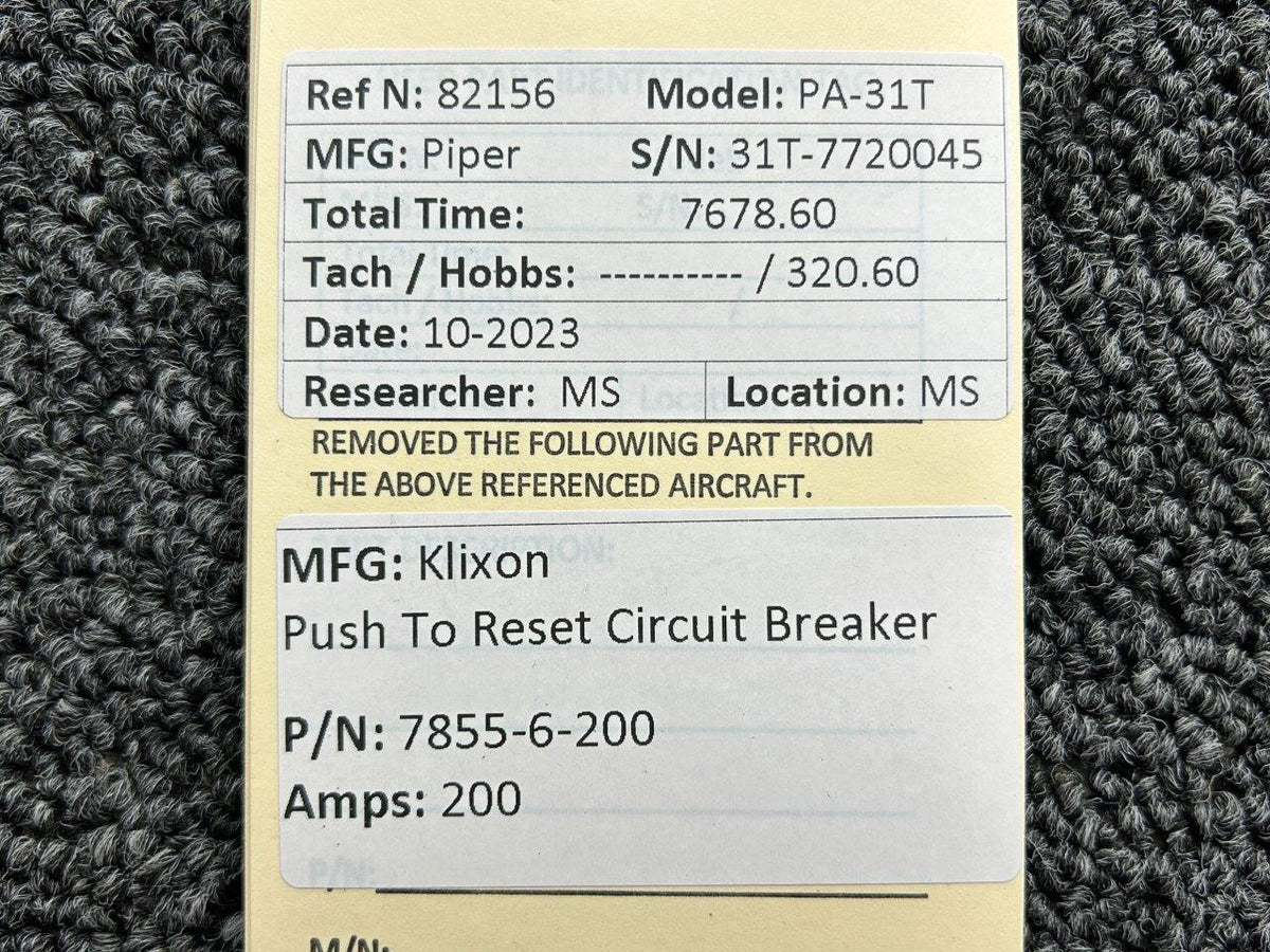 Klixon 7855-6-200 Klixon Push to Reset Circuit Breaker (Amps: 200)