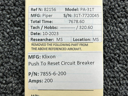 Klixon 7855-6-200 Klixon Push to Reset Circuit Breaker (Amps: 200)