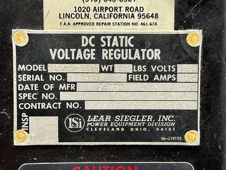 Lear Siegler 51565-016R Lear Siegler Inc DC Static Voltage Regulator (Volts: 28, Amps: 8)