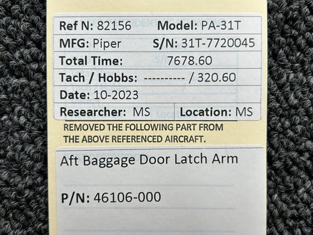 Piper Aircraft Parts 46106-000 Piper PA-31T Aft Baggage Door Latch Arm
