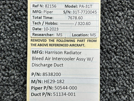 Harrison 8538200 (Alt: 50544-000) Harrison HE29-182 Bleed Air Intercooler Assembly