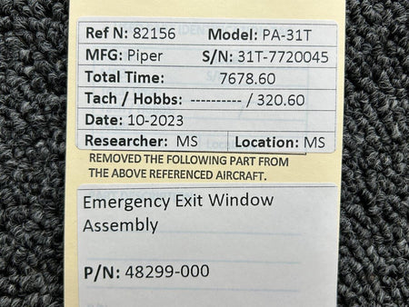 Piper Aircraft Parts 48299-000 Piper PA-31T Emergency Exit Window Assy
