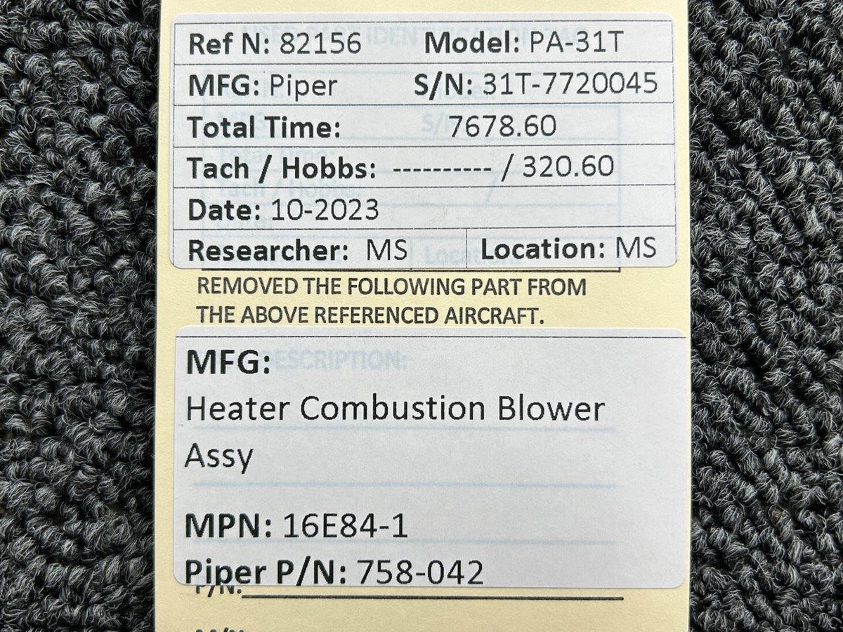 Piper Aircraft Parts 16E84-1 (Alt: 758-042) Piper PA-31T Heater Combustion Blower Assembly