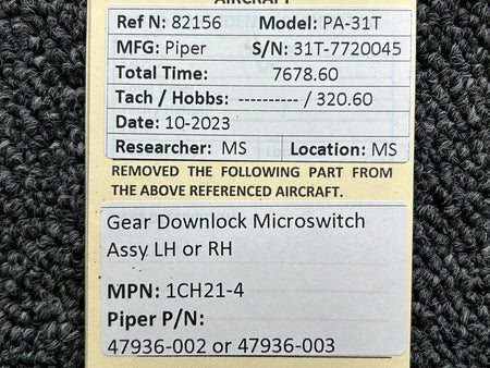 Piper Aircraft Parts 1CH21-4 (Alt: 47936-002) Piper PA-31T Gear Downlock Microswitch LH or RH