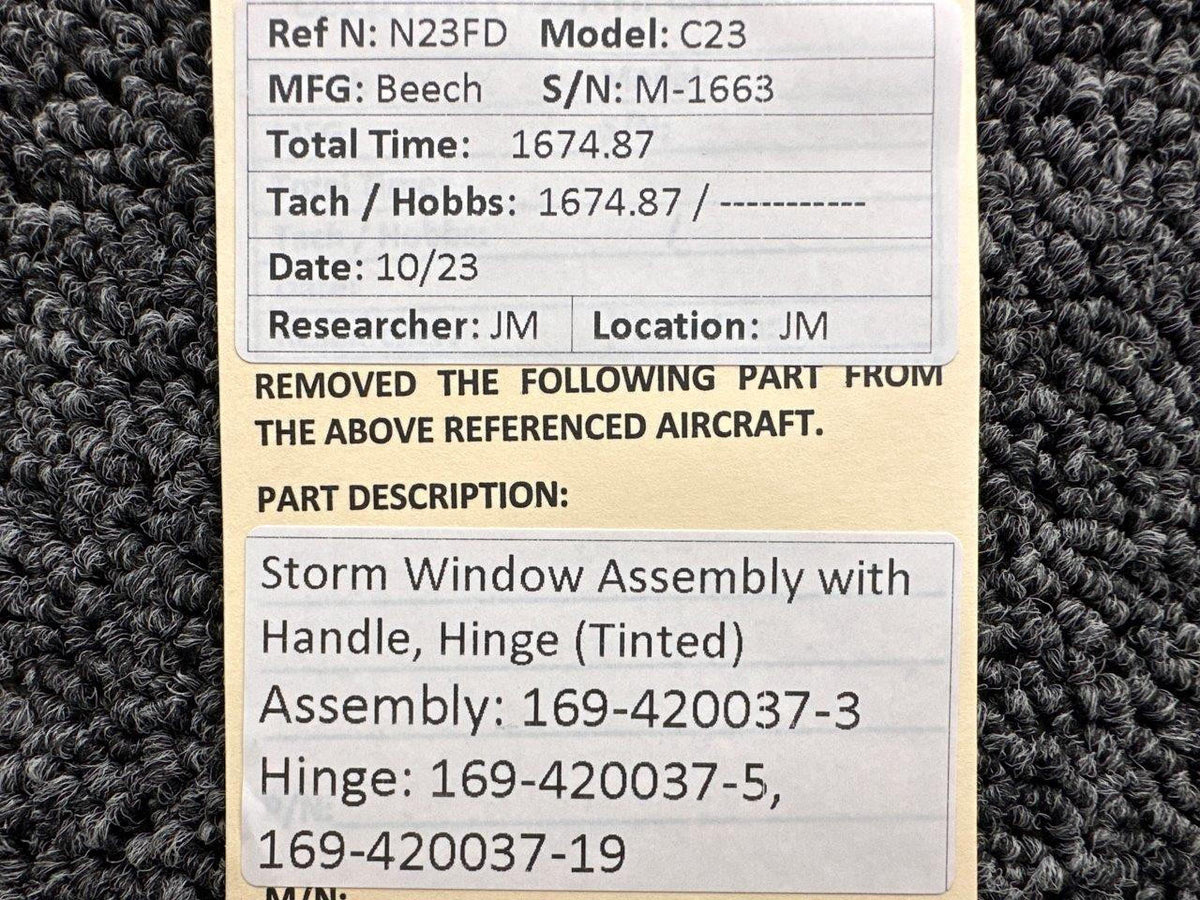 Beechcraft Parts 169-420037-3 Beech C23 Storm Window Assembly with Handle and Hinge (Tinted)
