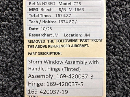 Beechcraft Parts 169-420037-3 Beech C23 Storm Window Assembly with Handle and Hinge (Tinted)