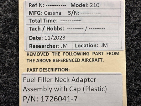 Cessna Aircraft Parts 1726041-7 Cessna 210 Fuel Filler Neck Adapter Assembly with Cap (Plastic)