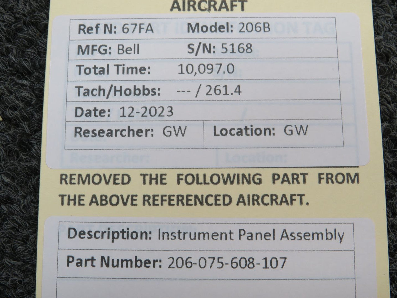 206-075-608-107 Bell 206B Instrument Panel Assembly – BAS Part Sales