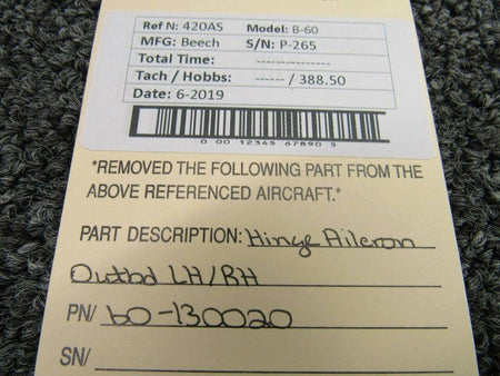 60-130020 Beech B-60 Hinge Aileron Outboard LH / RH BAS Part Sales | Airplane Parts