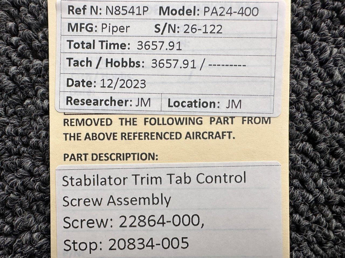 Piper Aircraft Parts 22864-000, 20834-005 Piper PA24-400 Stabilator Trim Tab Control Screw Assembly
